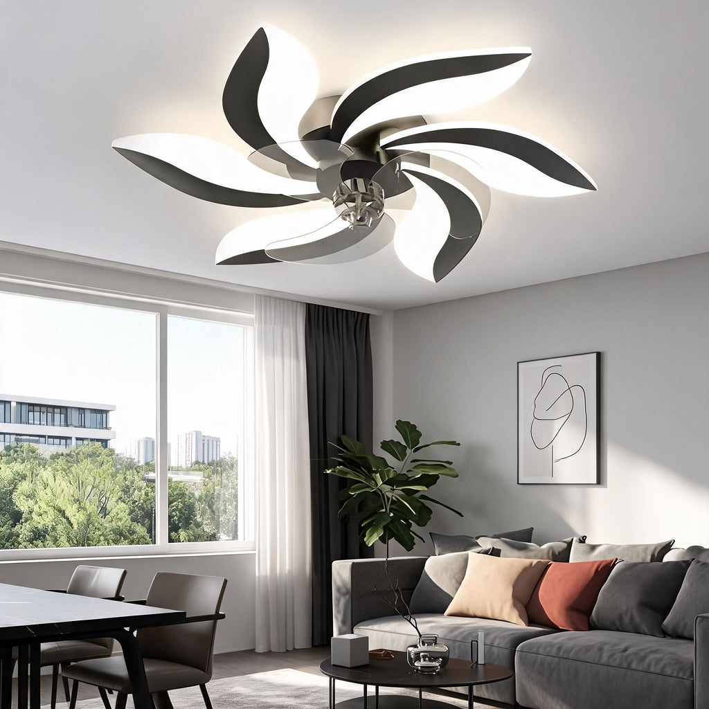 Ventilateur de plafond moderne à montage affleurant avec éclairage, fer et acrylique, éclairage LED réglable | ribuella