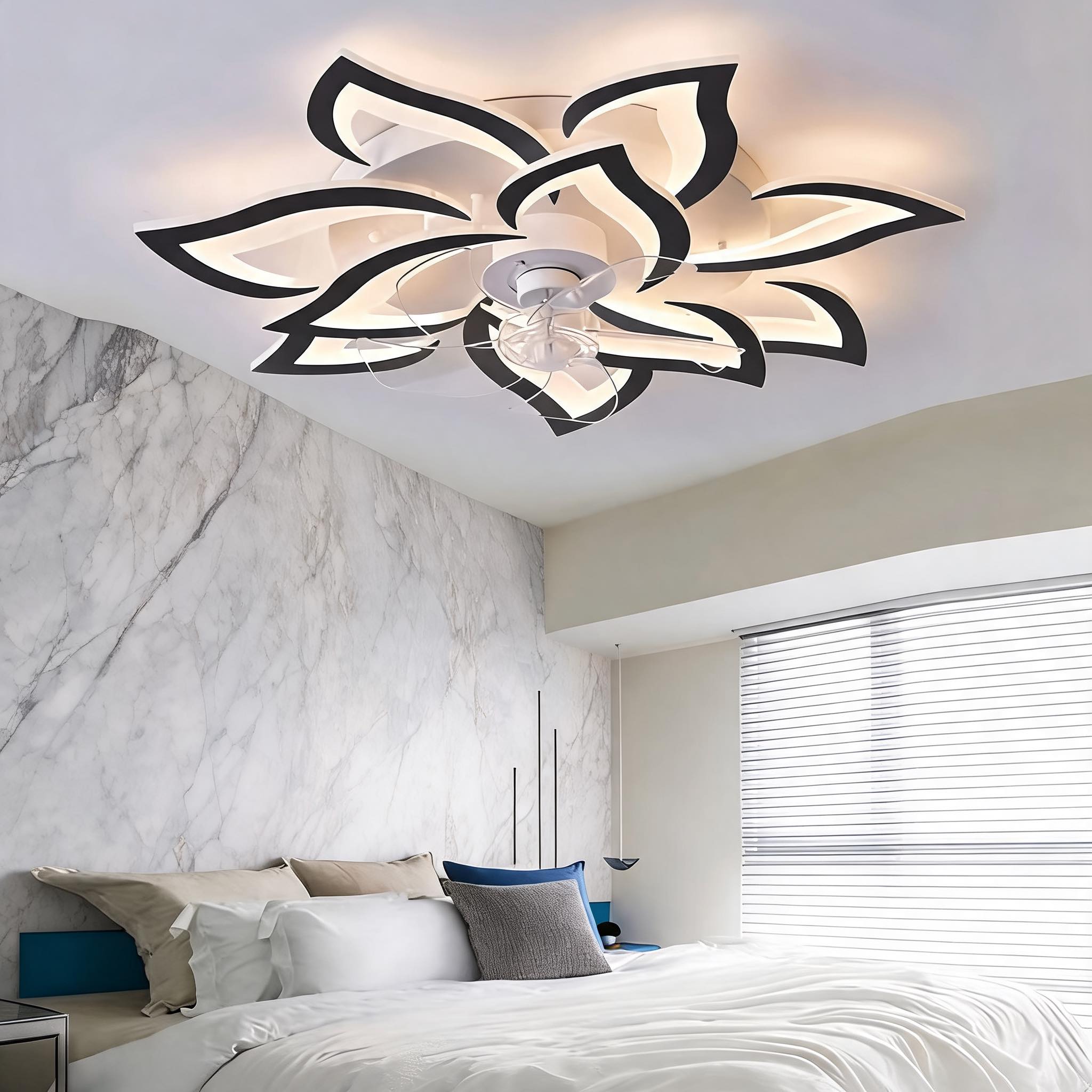 Ventilateur de plafond moderne à montage affleurant avec éclairage, fer et acrylique, éclairage LED réglable | ribuella
