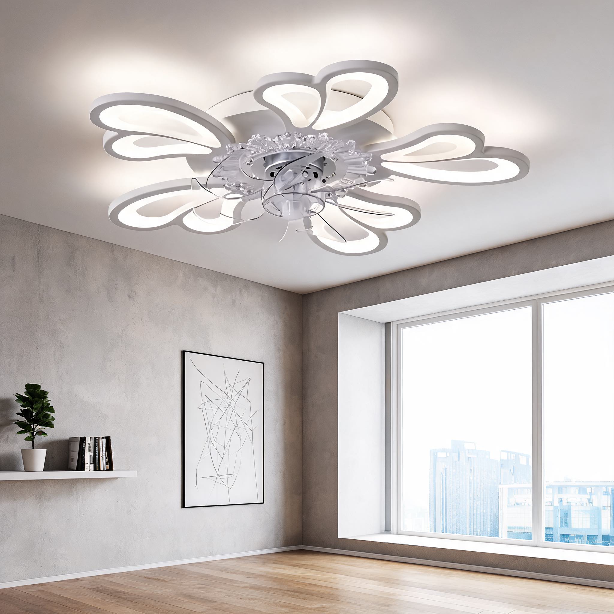 Ventilateur de plafond moderne à montage affleurant avec éclairage, fer et acrylique, éclairage LED réglable | ribuella