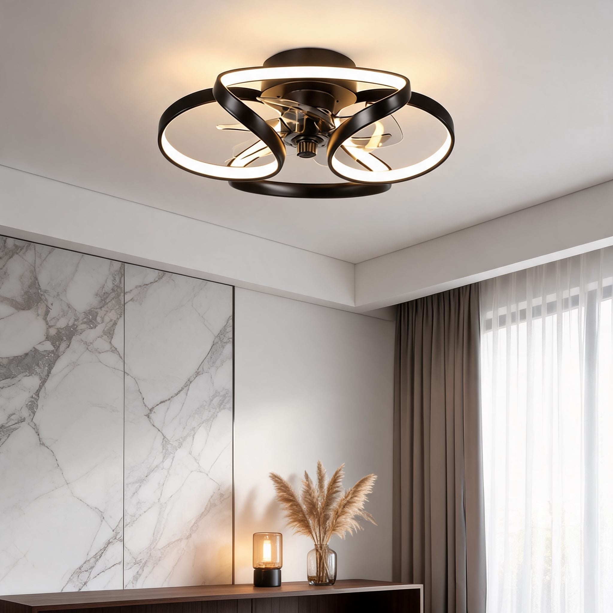 Flush Mount Ceiling Fan with Light, Dimmable LED, Remote Control & Flower Design | ribuella