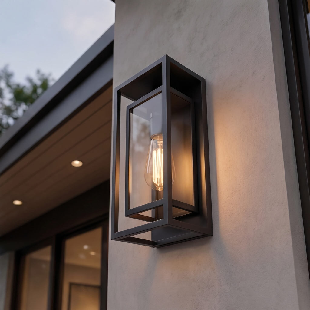 Moderne Außenwandleuchte, schwarze Aluminium-Wandleuchte, wetterfest, mit gehärtetem Glas | ribuella