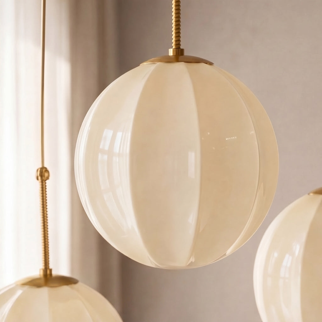 Modern Chandelier Hanging Antique Brass with Cream Glass Shades Adjustable Dimmable Three Socket Design | ribuella