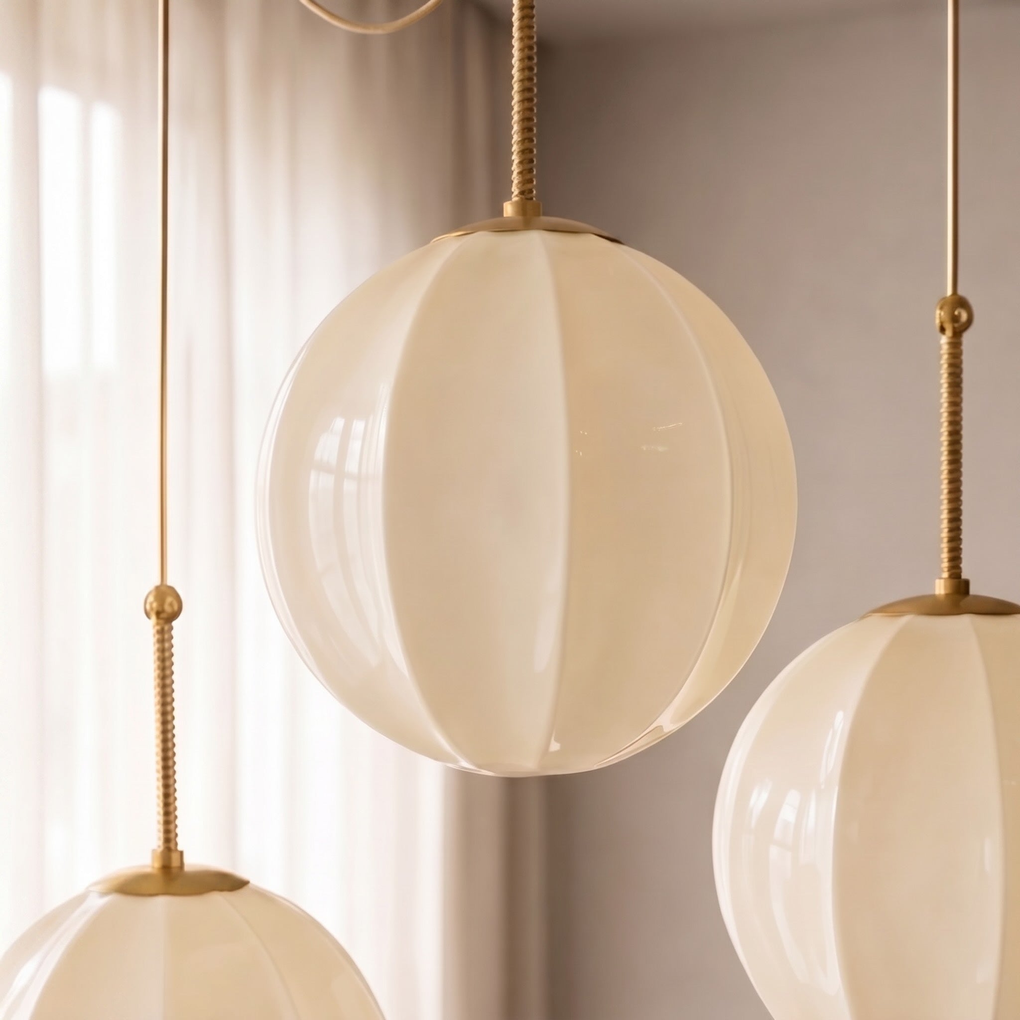 Modern Chandelier Hanging Antique Brass with Cream Glass Shades Adjustable Dimmable Three Socket Design | ribuella