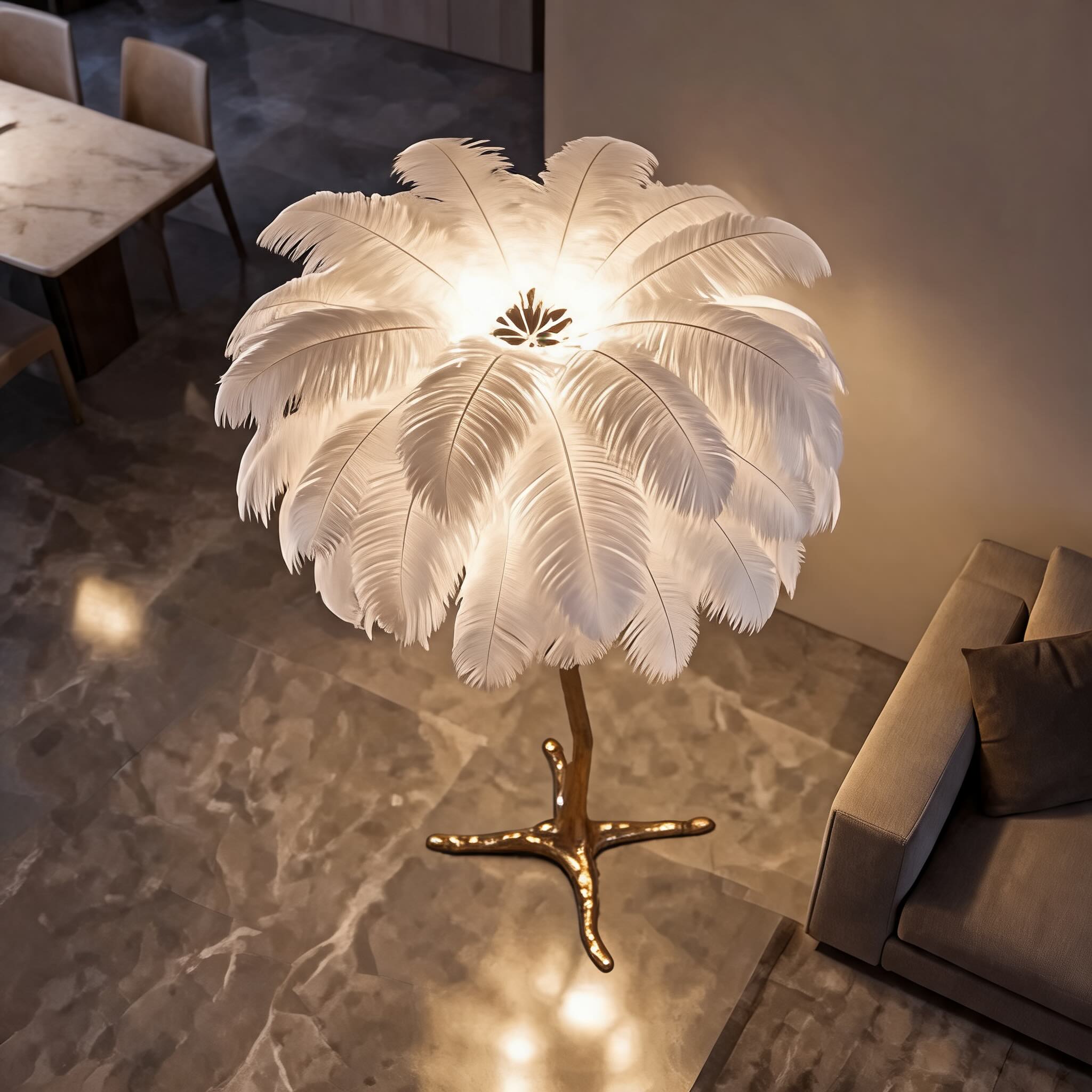 Moderní stojací lampa s měděnou základnou a pravým pštrosím peřím pro měkké ambientní osvětlení | ribuella