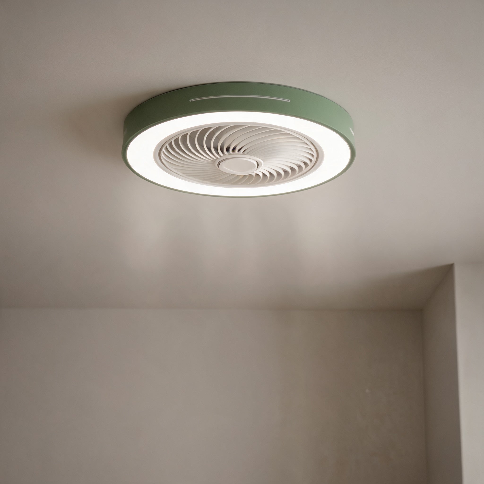 Moderner Deckenventilator ohne Flügel mit Beleuchtung, flache Montage, Eisenrahmen, dimmbare LED mit einstellbarer Farbtemperatur | ribuella
