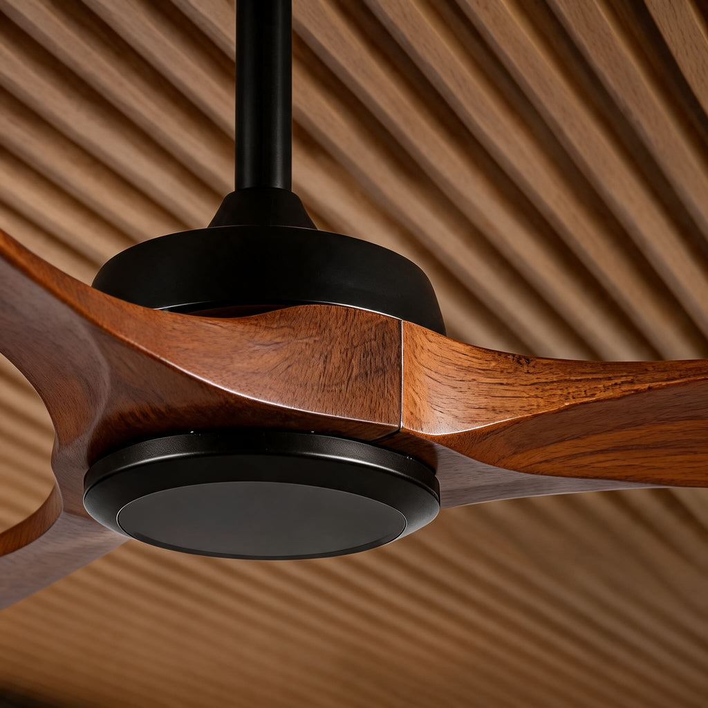 Modern Outdoor Ceiling Fan with Walnut Wood Blades IP65 Waterproof Rating and 6-Speed Motor | ribuella