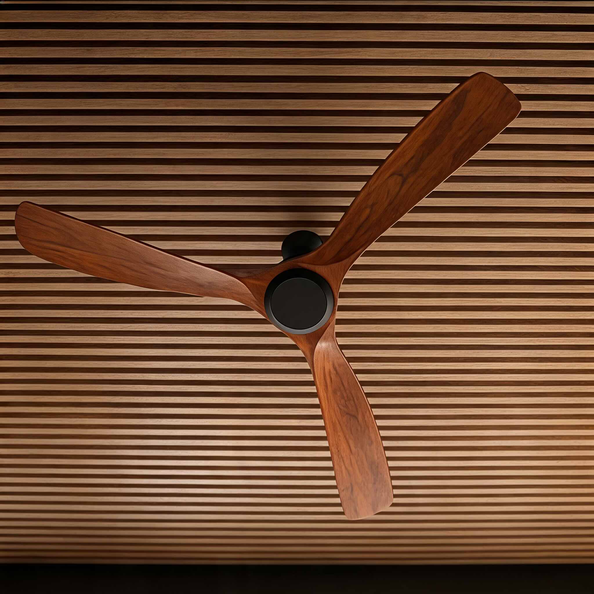 Modern Outdoor Ceiling Fan with Walnut Wood Blades IP65 Waterproof Rating and 6-Speed Motor | ribuella