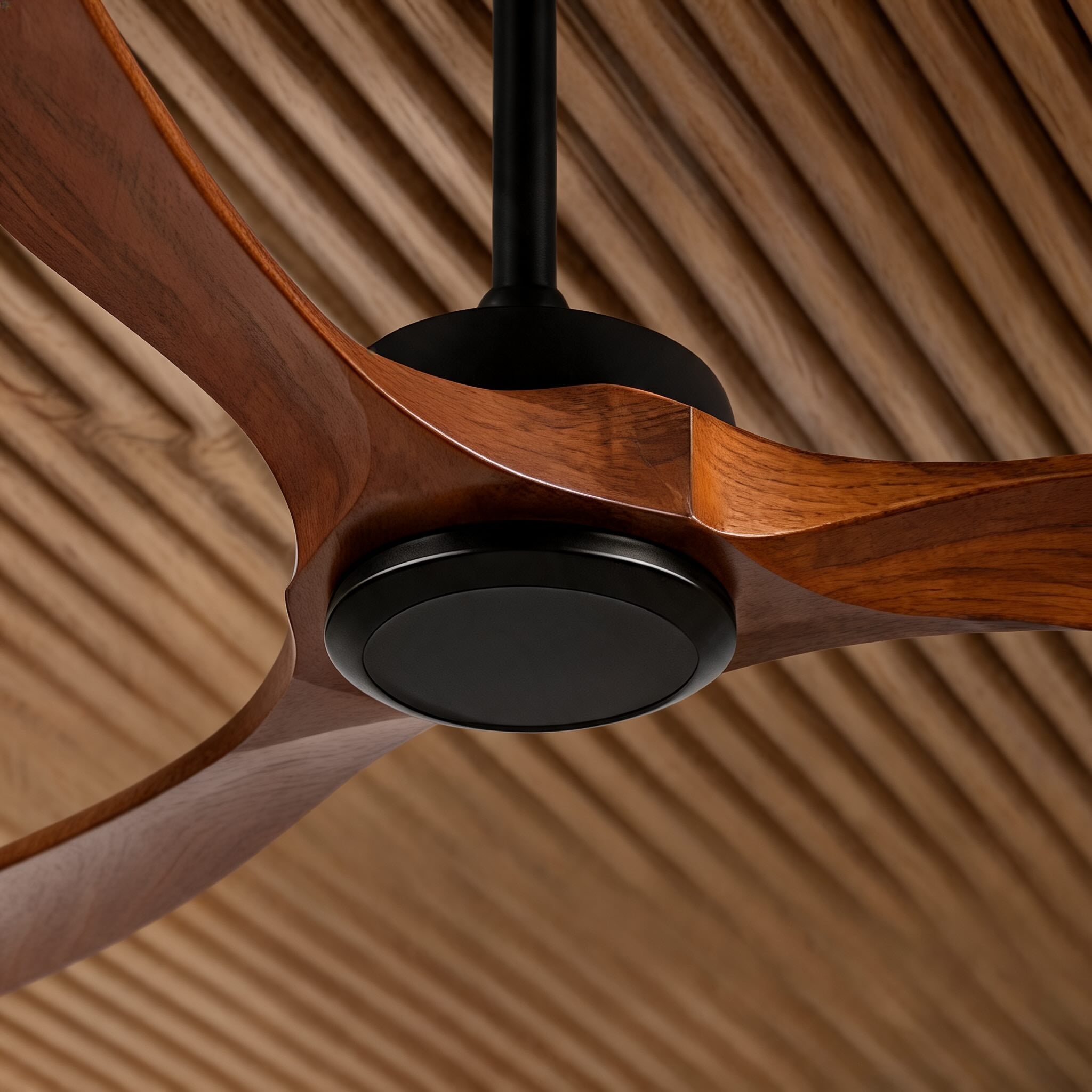 Modern Outdoor Ceiling Fan with Walnut Wood Blades IP65 Waterproof Rating and 6-Speed Motor | ribuella