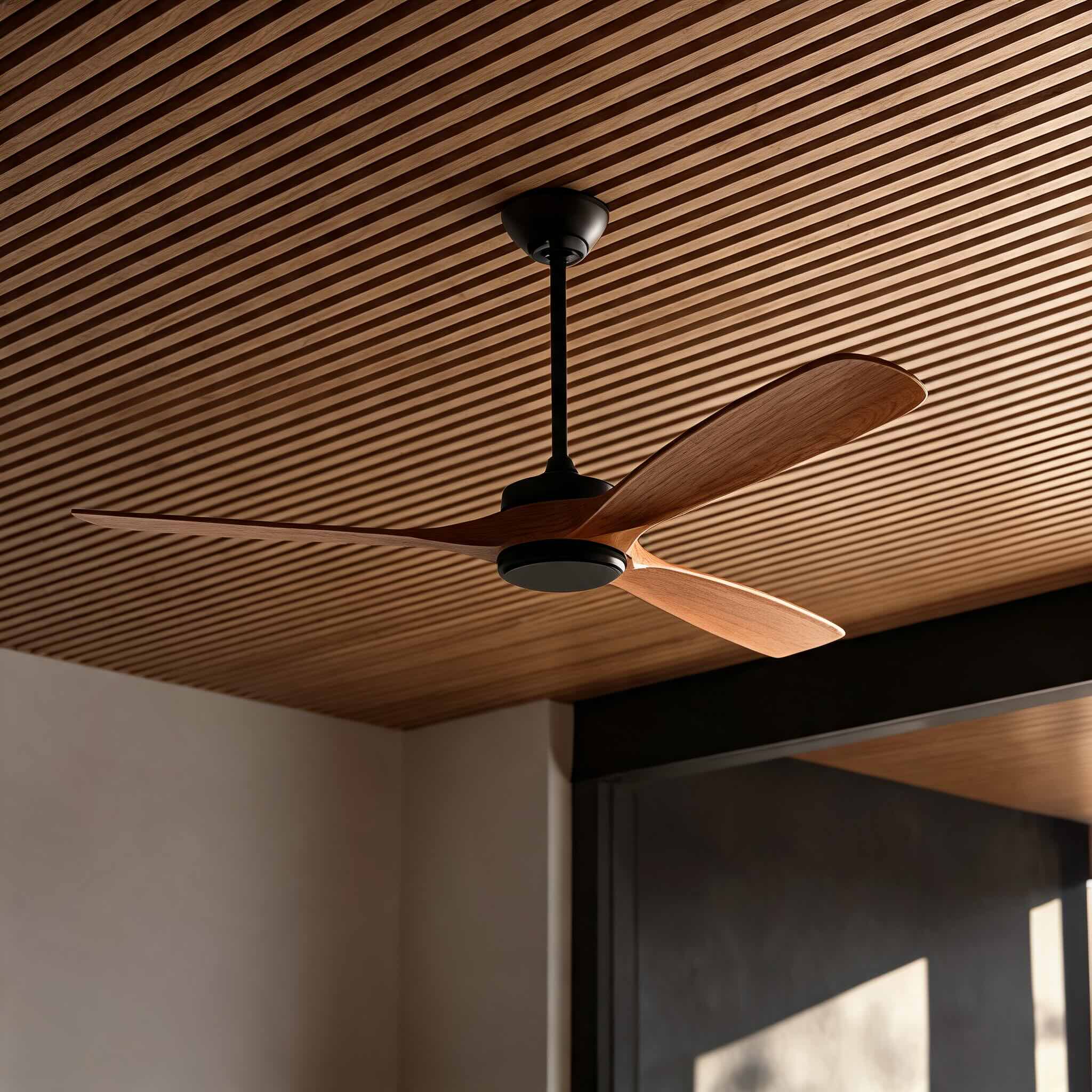 Modern Outdoor Ceiling Fan with Walnut Wood Blades IP65 Waterproof Rating and 6-Speed Motor | ribuella