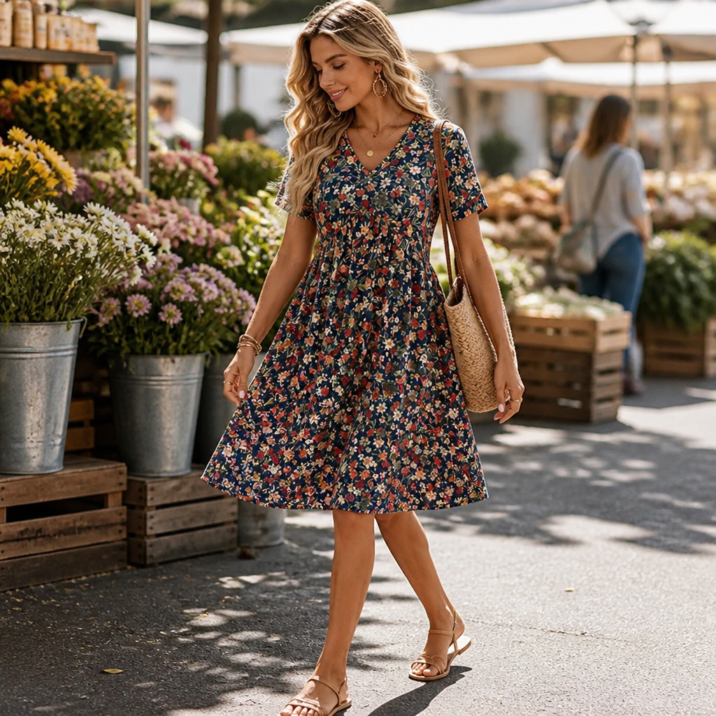 Sunnisara – Flowy V-Neck Floral Summer Dress with Pleated Waist | ribuella