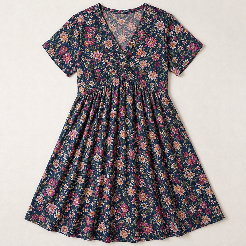 Sunnisara – Flowy V-Neck Floral Summer Dress with Pleated Waist | ribuella