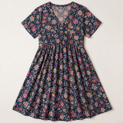 Sunnisara – Flowy V-Neck Floral Summer Dress with Pleated Waist | ribuella