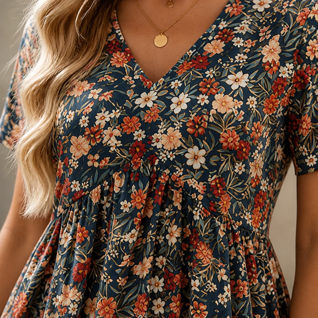 Sunnisara – Flowy V-Neck Floral Summer Dress with Pleated Waist | ribuella