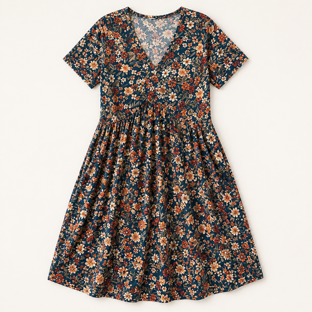 Sunnisara – Flowy V-Neck Floral Summer Dress with Pleated Waist | ribuella