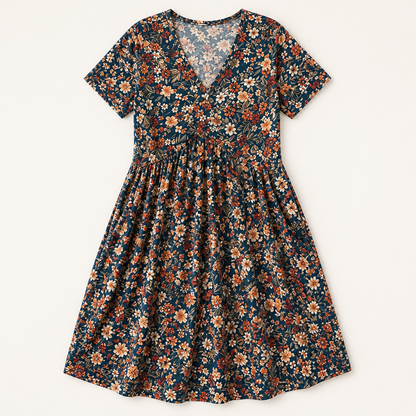 Sunnisara – Flowy V-Neck Floral Summer Dress with Pleated Waist | ribuella