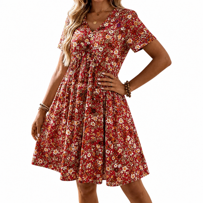Sunnisara – Flowy V-Neck Floral Summer Dress with Pleated Waist | ribuella