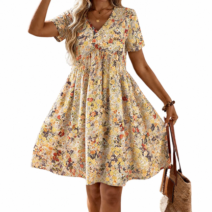 Sunnisara – Flowy V-Neck Floral Summer Dress with Pleated Waist | ribuella