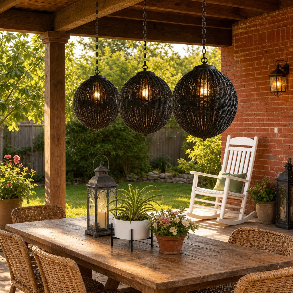 Waterproof Retro Pendant Light Adjustable Hanging Rattan Outdoor LED Warm White 4W | ribuella