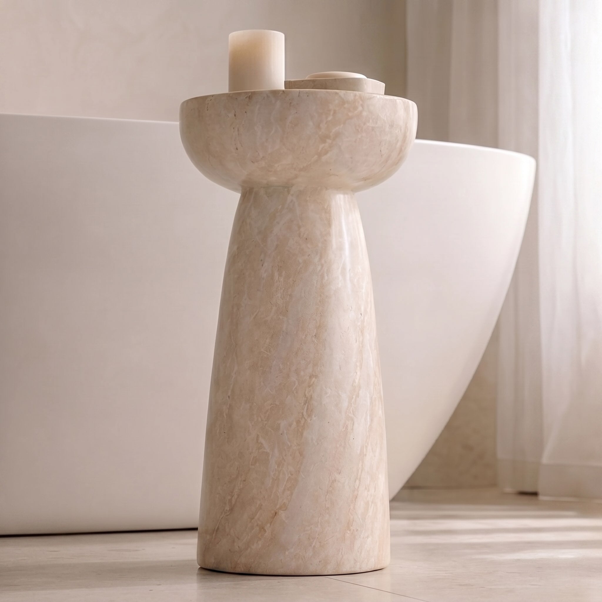 Modern Round Side Table Lightweight Design Faux Marble Finish Durable Glass Top | ribuella