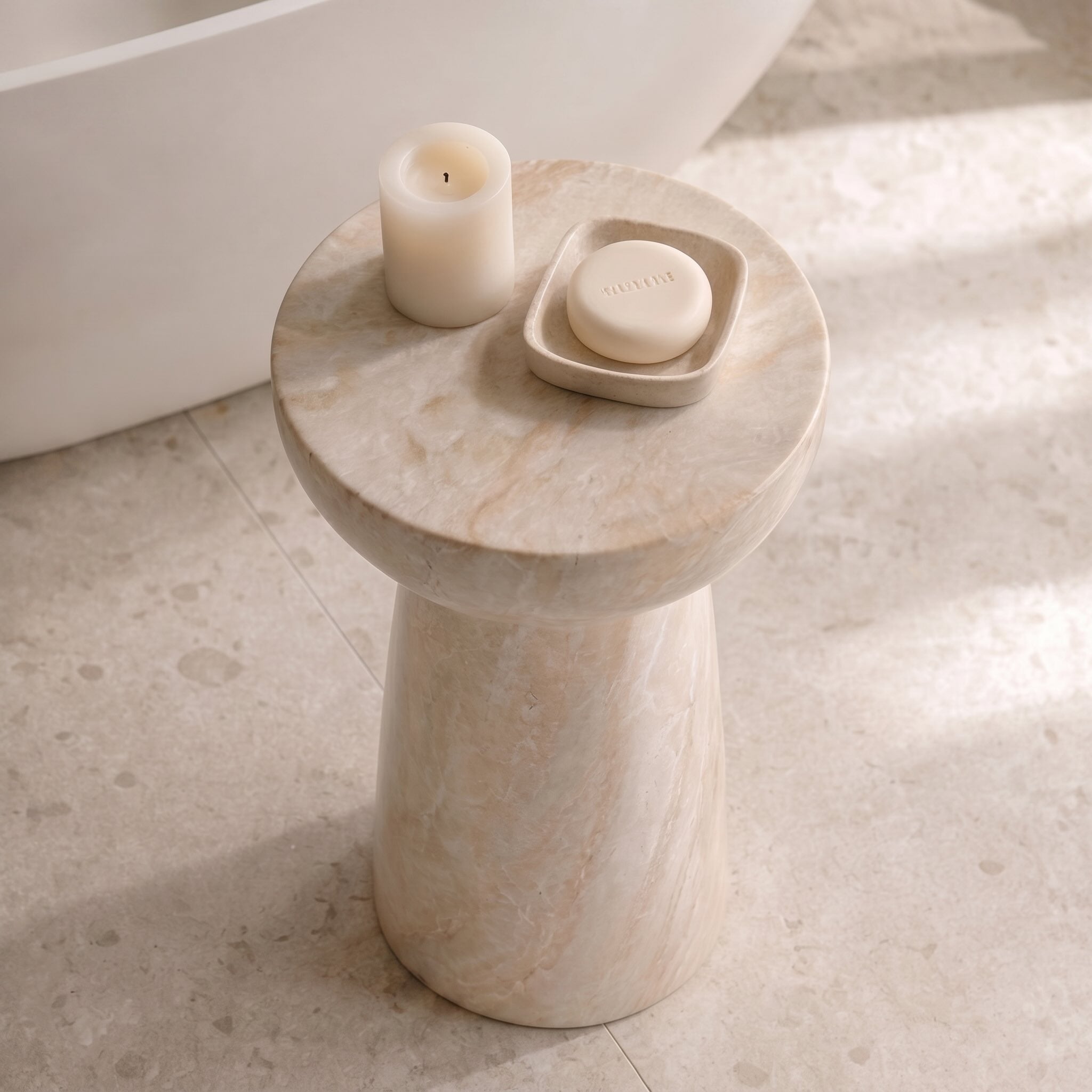 Modern Round Side Table Lightweight Design Faux Marble Finish Durable Glass Top | ribuella