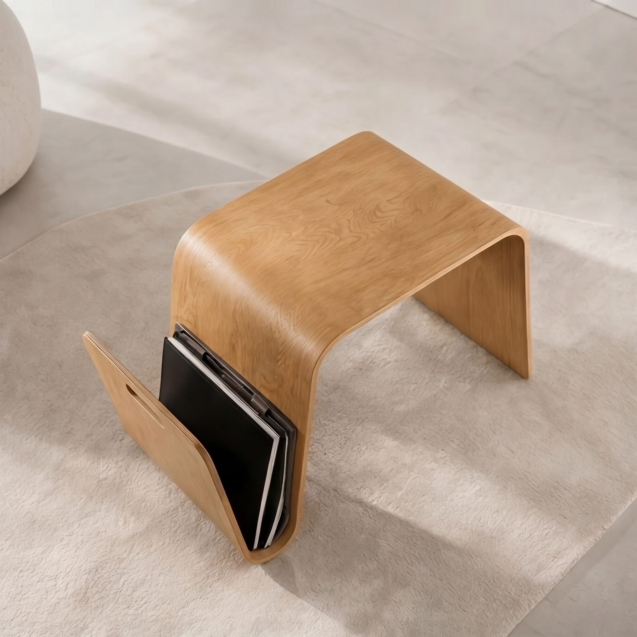 Modern Minimalist Bedside Table Solid Pine Wood Compact N-Shape with Open Shelf Storage | ribuella