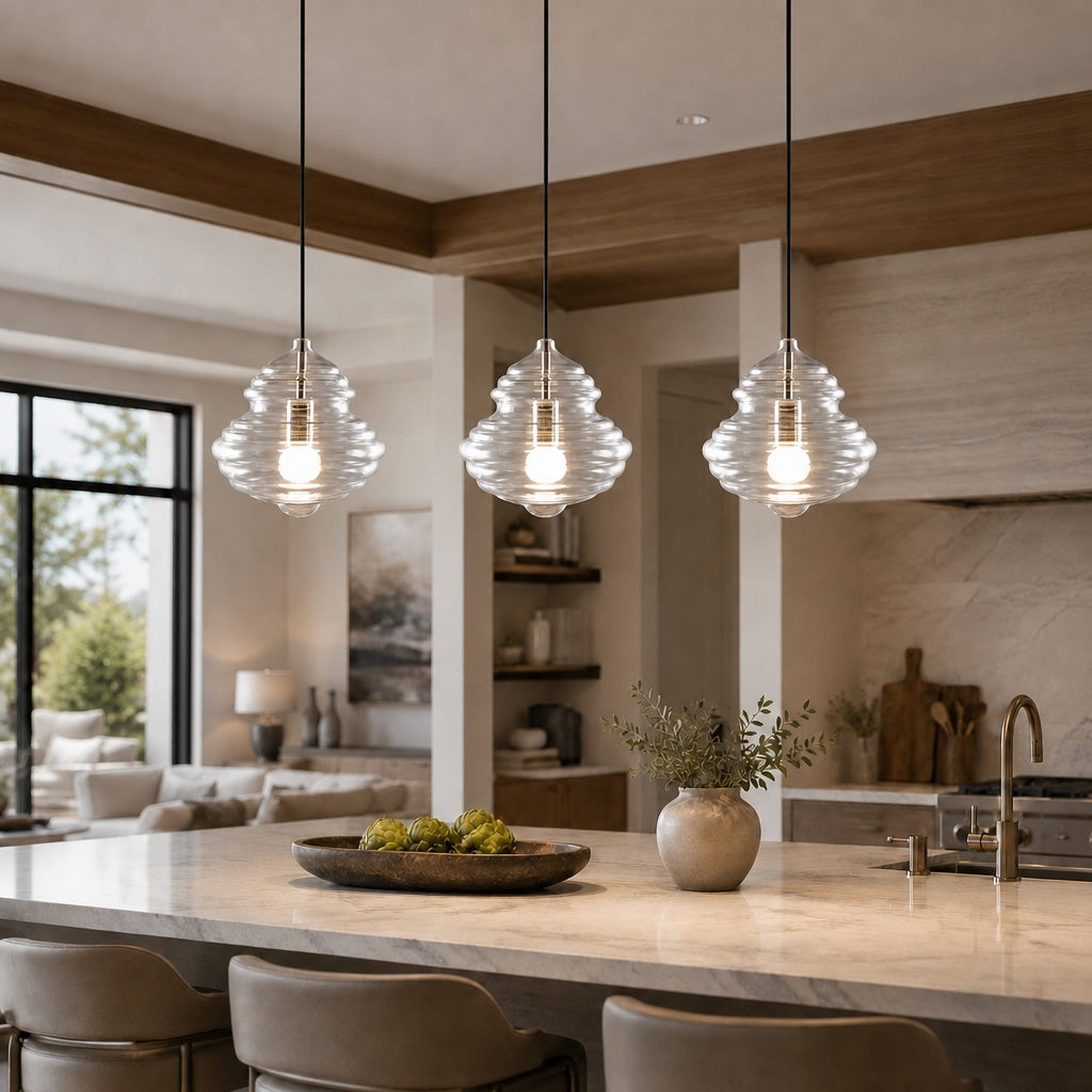 Suspension moderne en verre avec structure LED suspendue réglable pour l’éclairage de la cuisine | ribuella