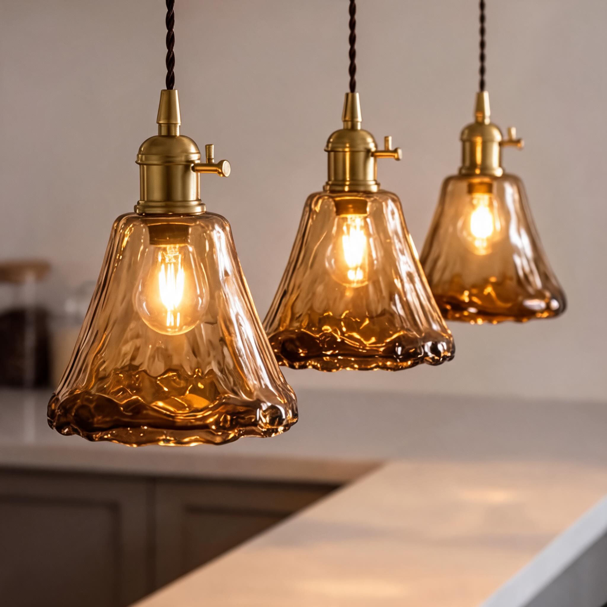 Vintage Brass Pendant Light with Adjustable Hanging Amber Glass Shade for Indoor Lighting | ribuella