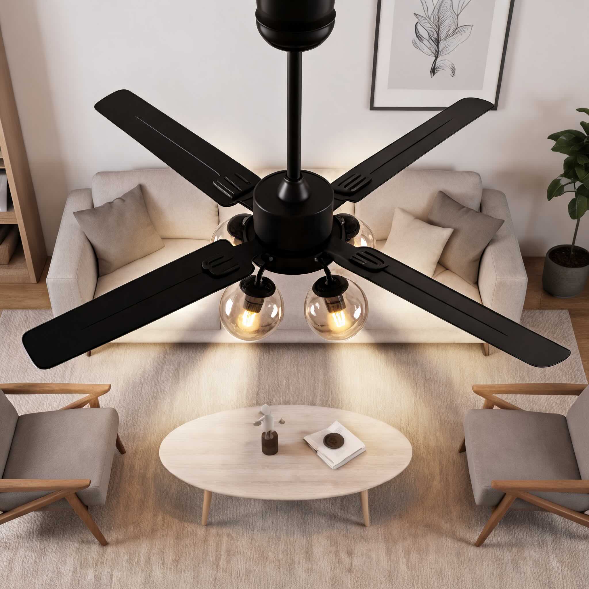 Industrial Black Ceiling Fan Light Flush Mount Metal Adjustable LED 52 Inch 60W | ribuella