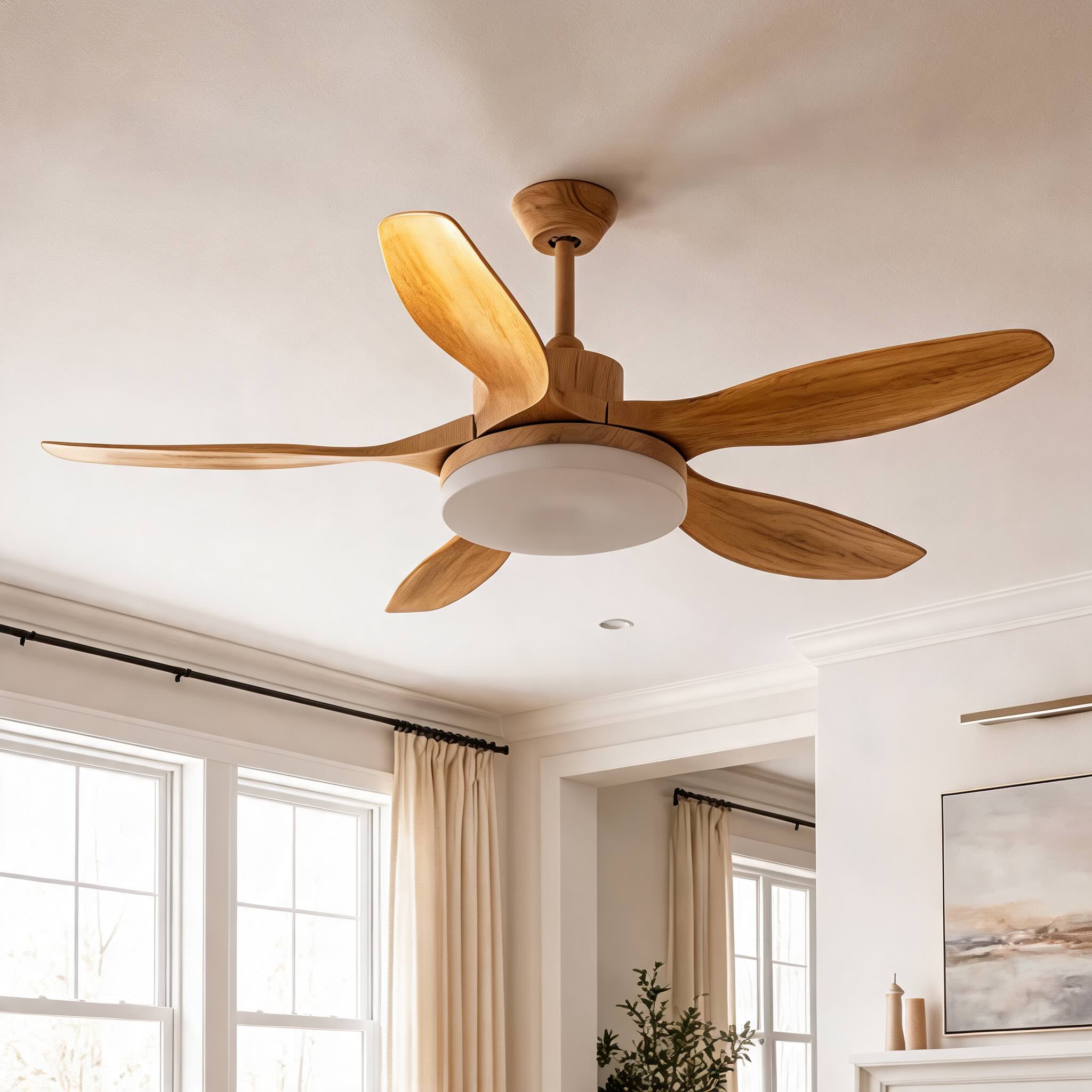 Moderne Deckenventilatorleuchte mit 5 Flügeln, flache Metallmontage, einstellbare LED mit Fernbedienung | ribuella