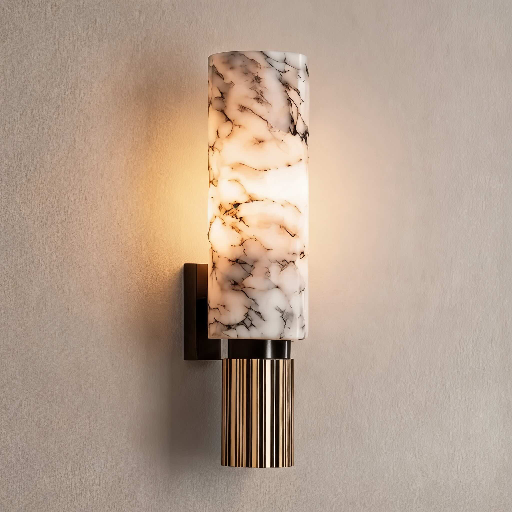 Contemporary Wall Light Wall Mounted Alabaster Cylinder Fluted Copper Base LED Sconce 38cm | ribuella