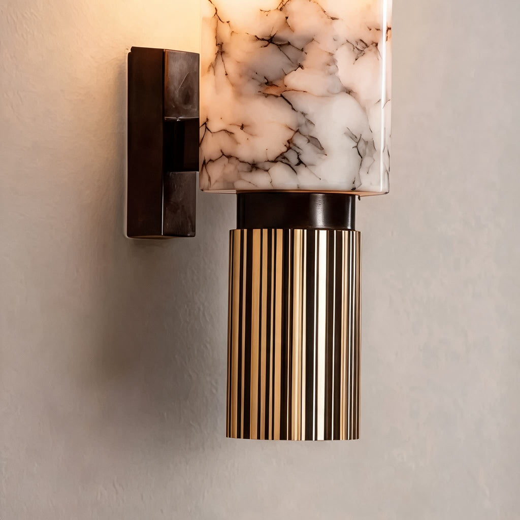 Contemporary Wall Light Wall Mounted Alabaster Cylinder Fluted Copper Base LED Sconce 38cm | ribuella