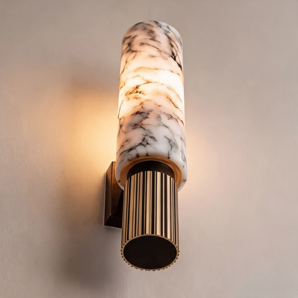 Contemporary Wall Light Wall Mounted Alabaster Cylinder Fluted Copper Base LED Sconce 38cm | ribuella