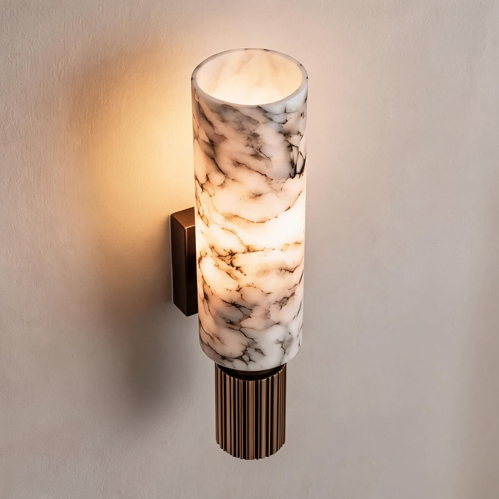Contemporary Wall Light Wall Mounted Alabaster Cylinder Fluted Copper Base LED Sconce 38cm | ribuella