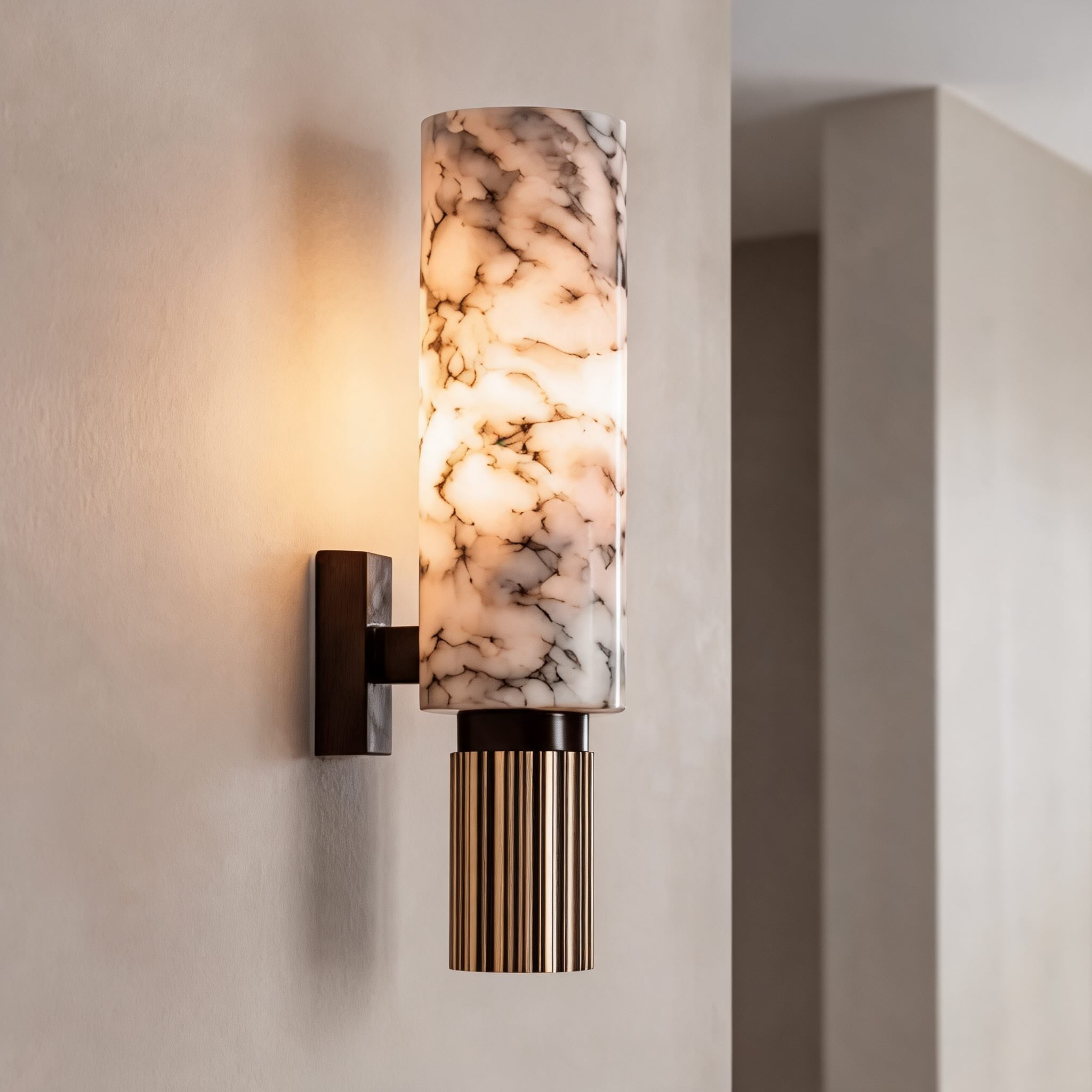 Contemporary Wall Light Wall Mounted Alabaster Cylinder Fluted Copper Base LED Sconce 38cm | ribuella