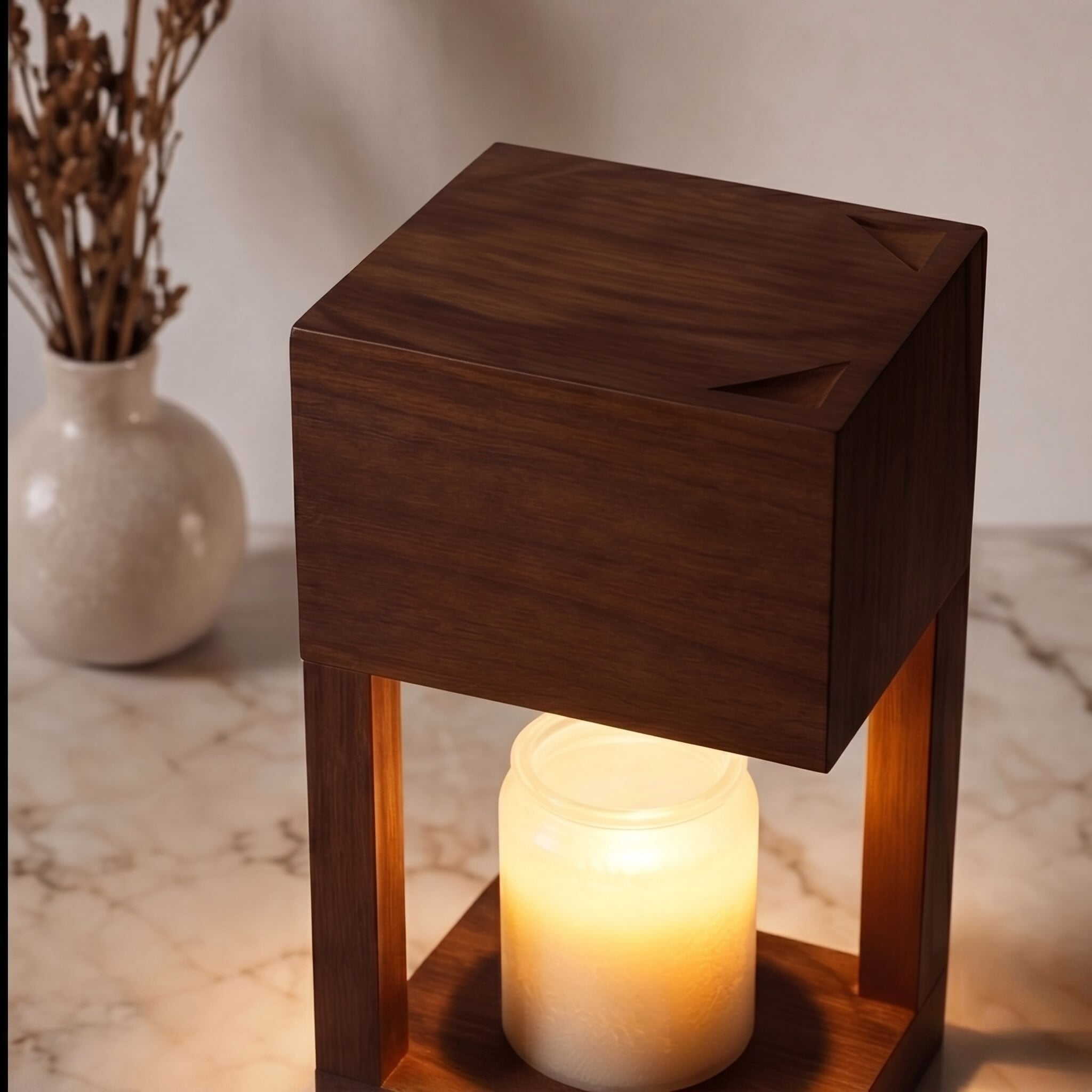 Lampe chauffe-bougie moderne, lampe de table à hauteur réglable, base en bois, lueur d’ambiance | ribuella