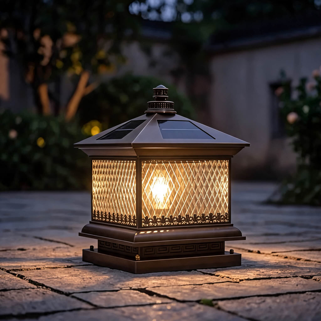 Moderne Solar-Gartenleuchten als Mastlampen aus Aluminium, LED, mit Fernbedienung und Diamantglas-Design | ribuella