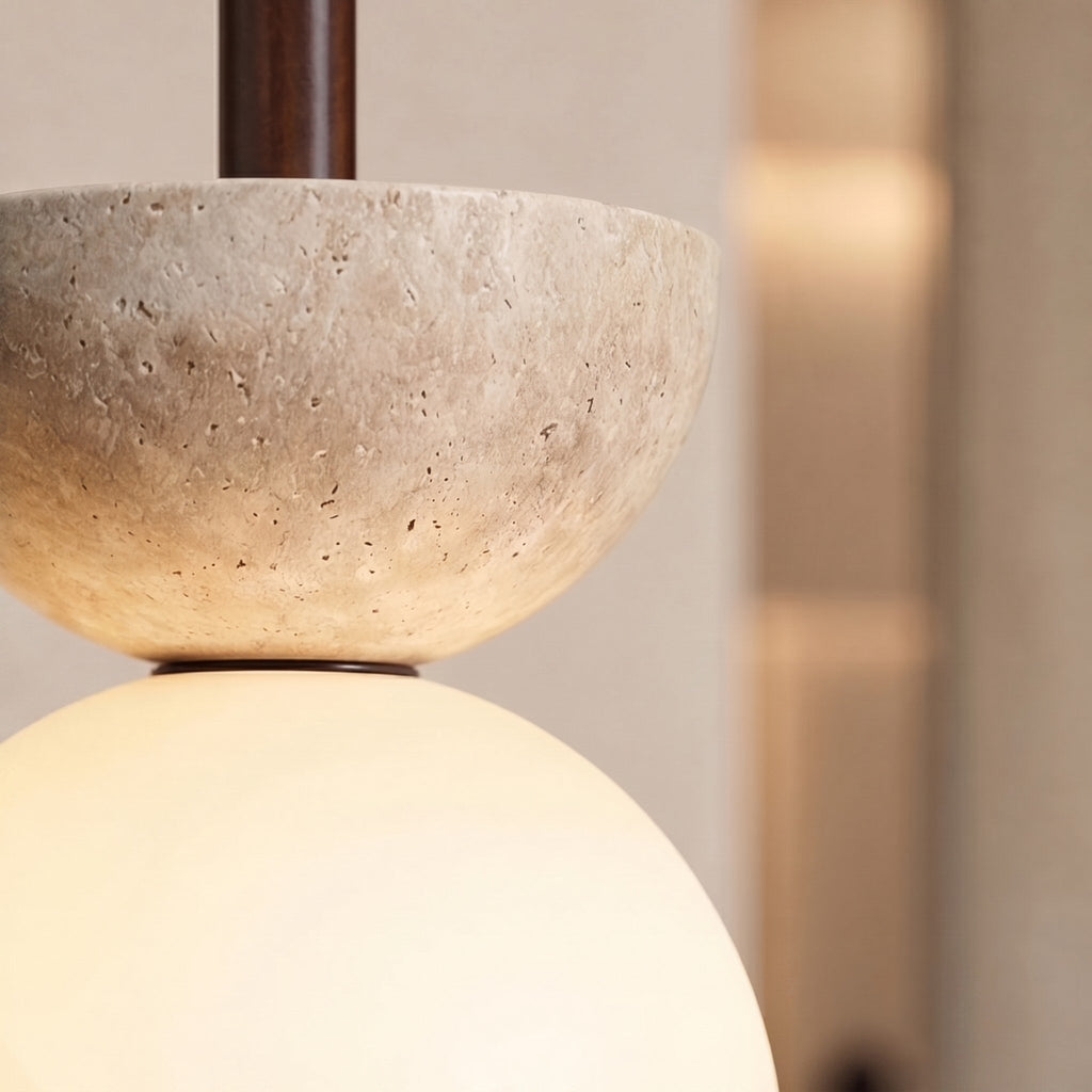 Lampada a sospensione nordica a LED compatta in travertino color crema per ambienti minimalisti | ribuella