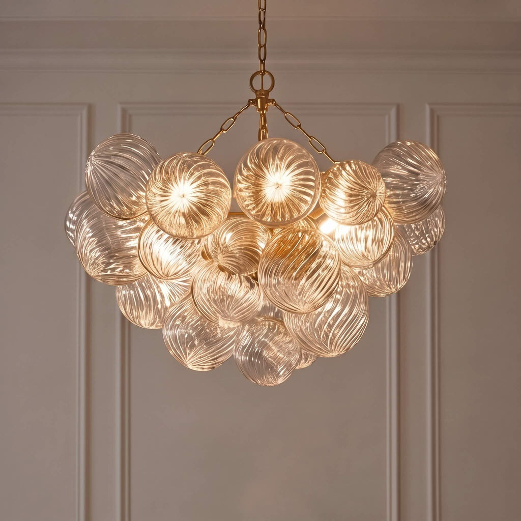 Moderne Hängeleuchte aus Glas mit verstellbarem Kupferrahmen, warmweißen Leuchtmitteln, 4-flammig/10-flammig | ribuella