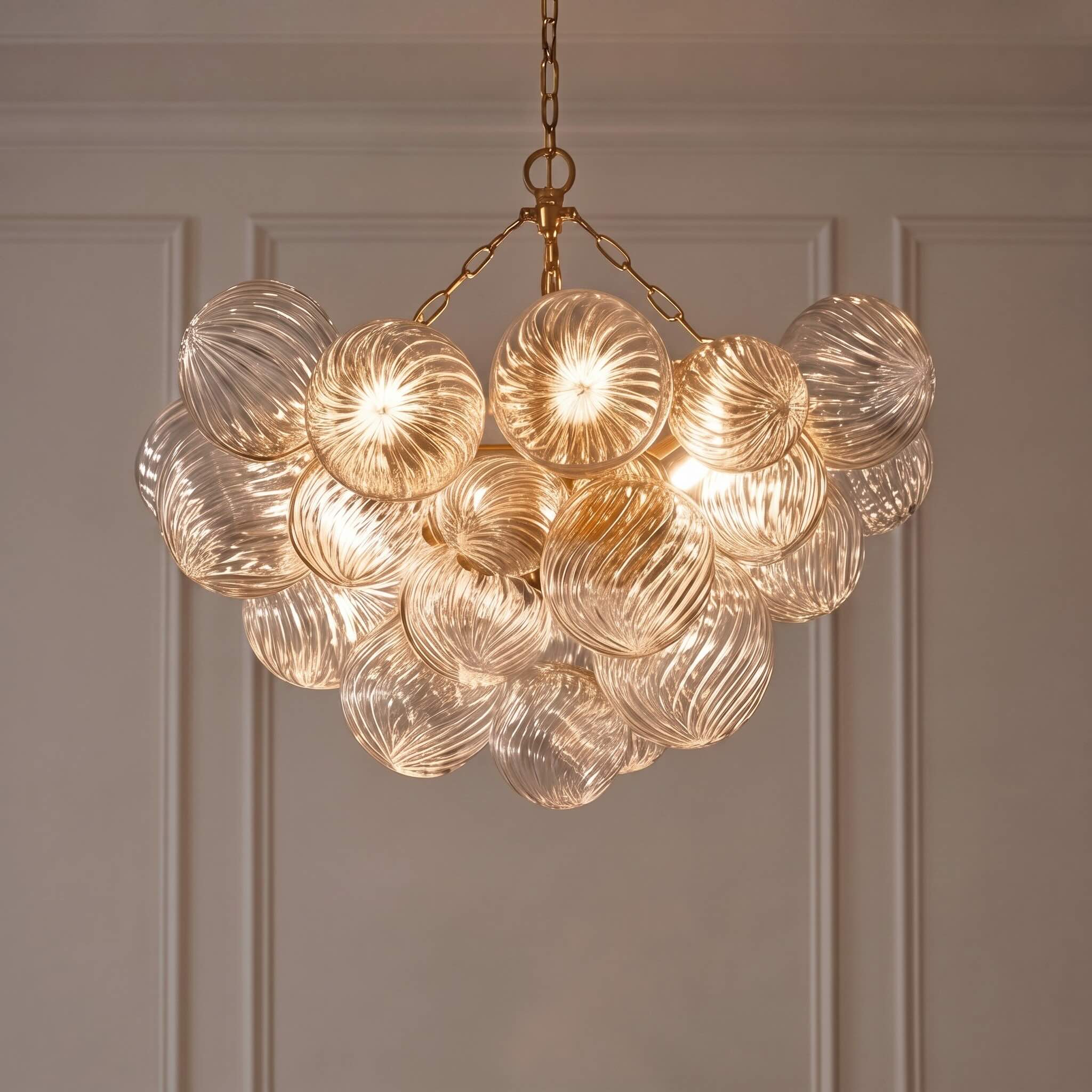 Moderne Hängeleuchte aus Glas mit verstellbarem Kupferrahmen, warmweißen Leuchtmitteln, 4-flammig/10-flammig | ribuella