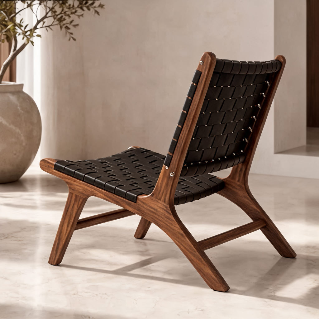 Modern Woven Leather Accent Chair with Solid Wood Frame and 107-Degree Recline | ribuella