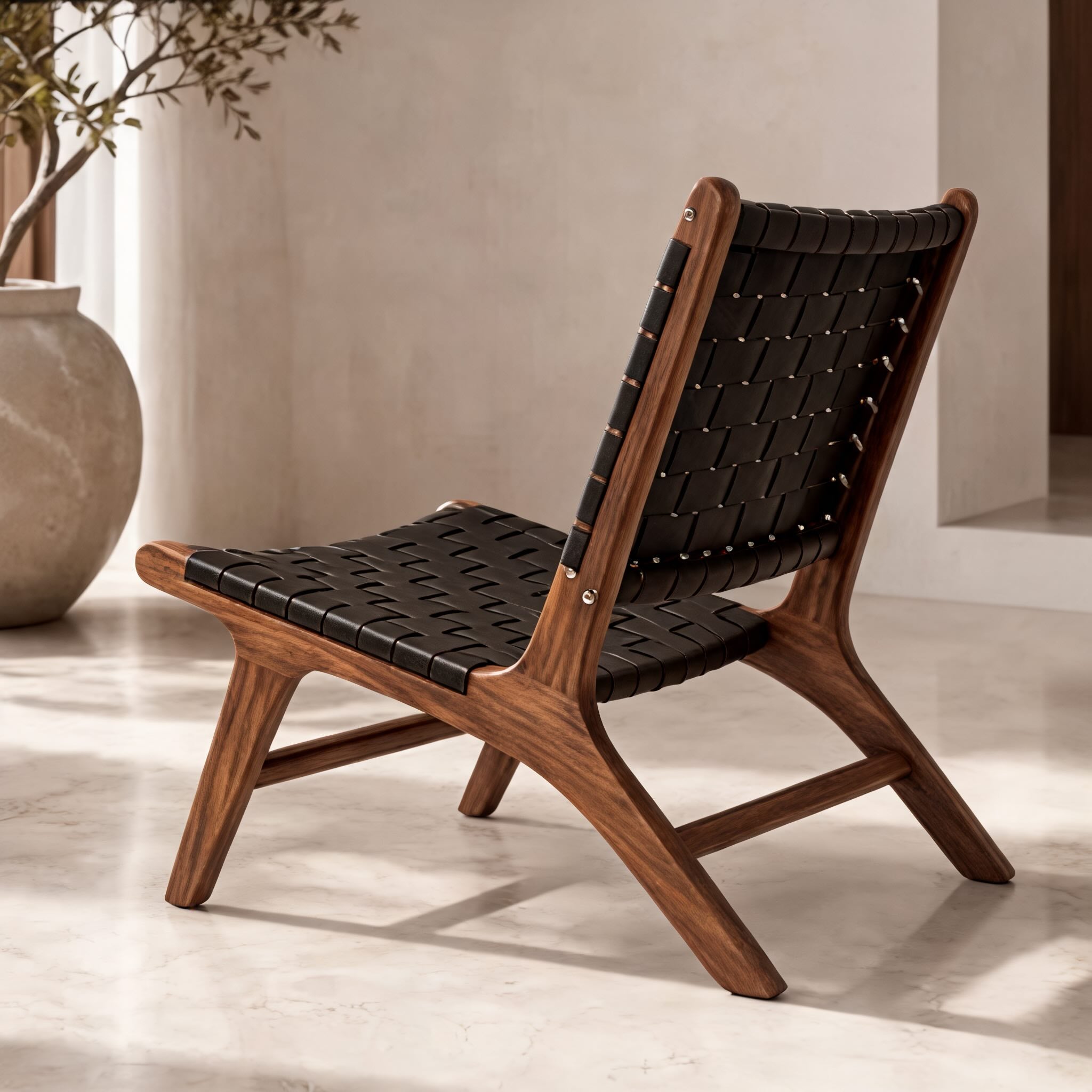 Modern Woven Leather Accent Chair with Solid Wood Frame and 107-Degree Recline | ribuella
