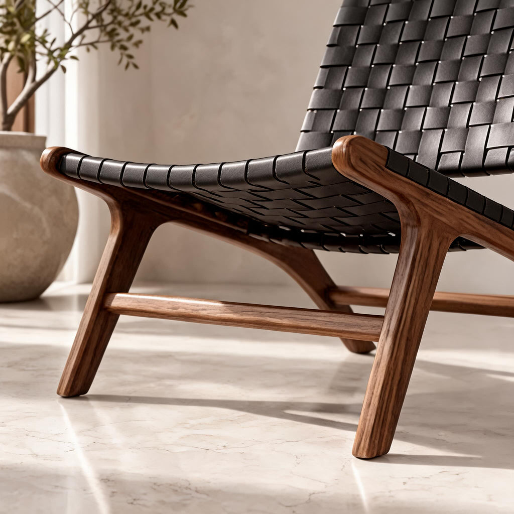 Modern Woven Leather Accent Chair with Solid Wood Frame and 107-Degree Recline | ribuella