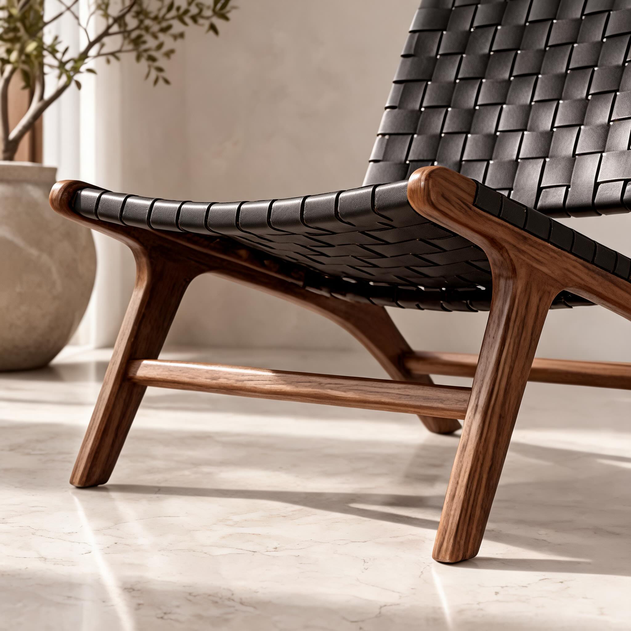 Modern Woven Leather Accent Chair with Solid Wood Frame and 107-Degree Recline | ribuella