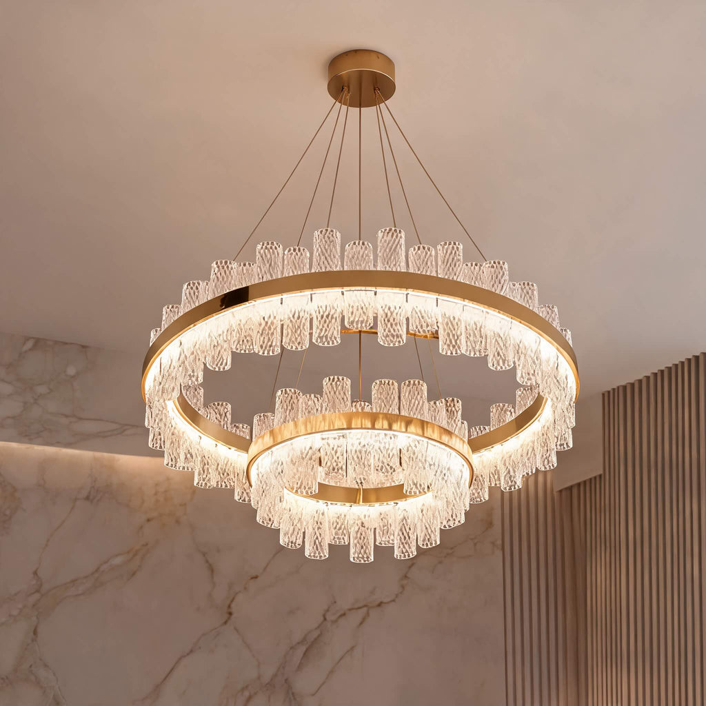 Moderner Kronleuchter mit höhenverstellbarer Hängeleuchte, Edelstahlrahmen, Crackle-Glasschirm, LED | ribuella
