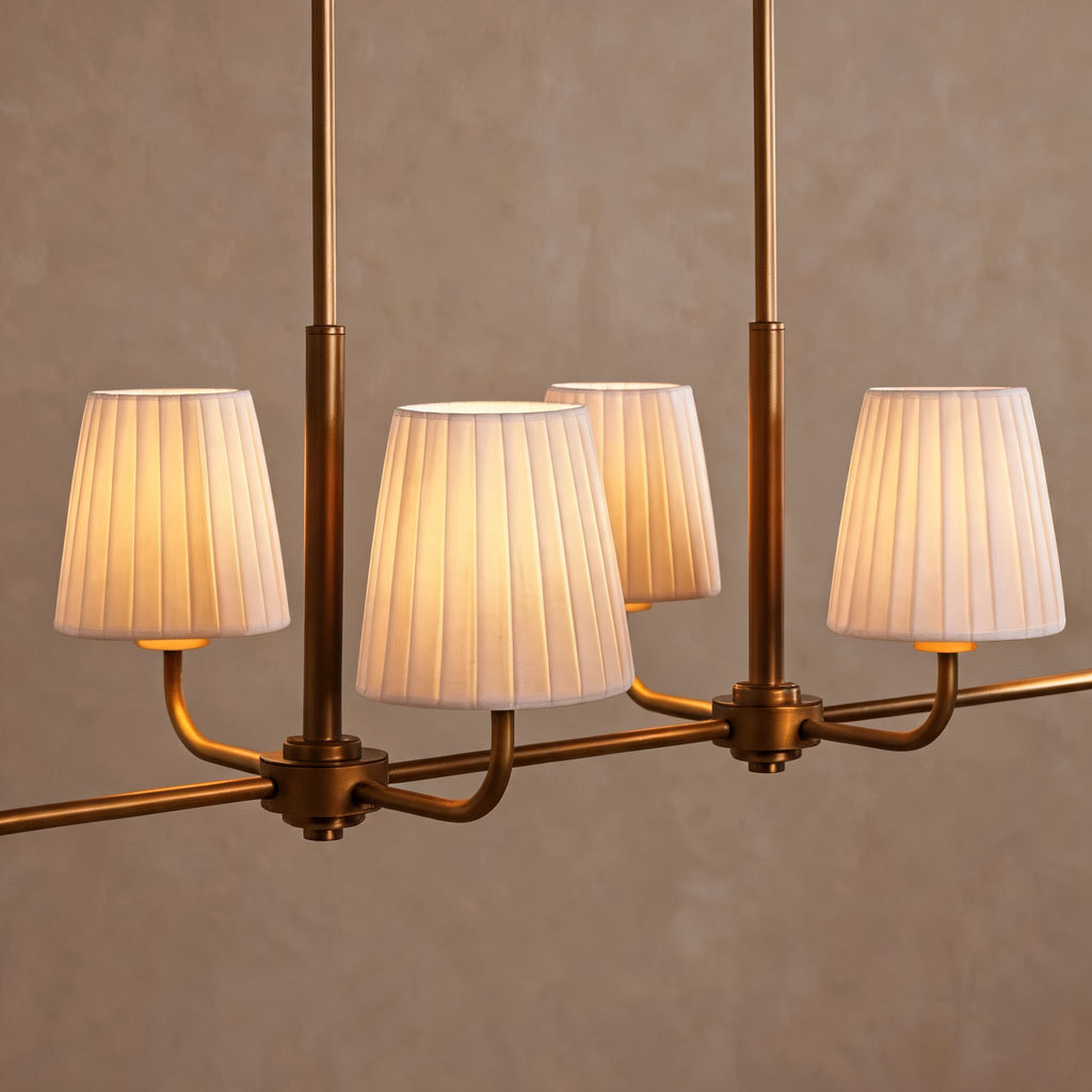 Luxury Brass Linear Chandelier with 6 Pleated Fabric Shades – Modern Adjustable Dining Room & Kitchen Island Pendant Light | ribuella