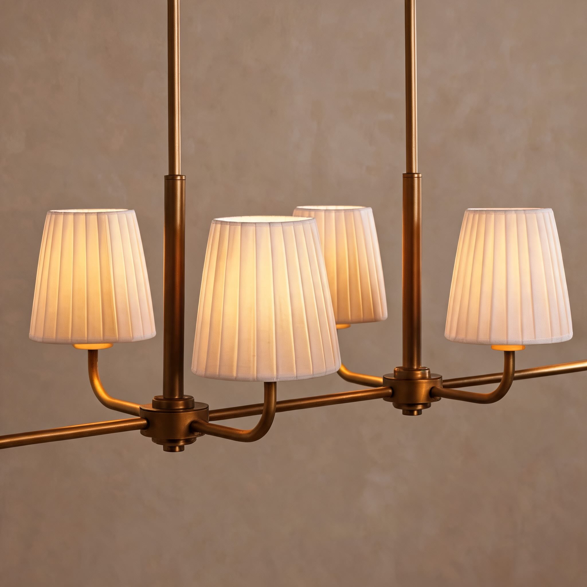 Luxury Brass Linear Chandelier with 6 Pleated Fabric Shades – Modern Adjustable Dining Room & Kitchen Island Pendant Light | ribuella