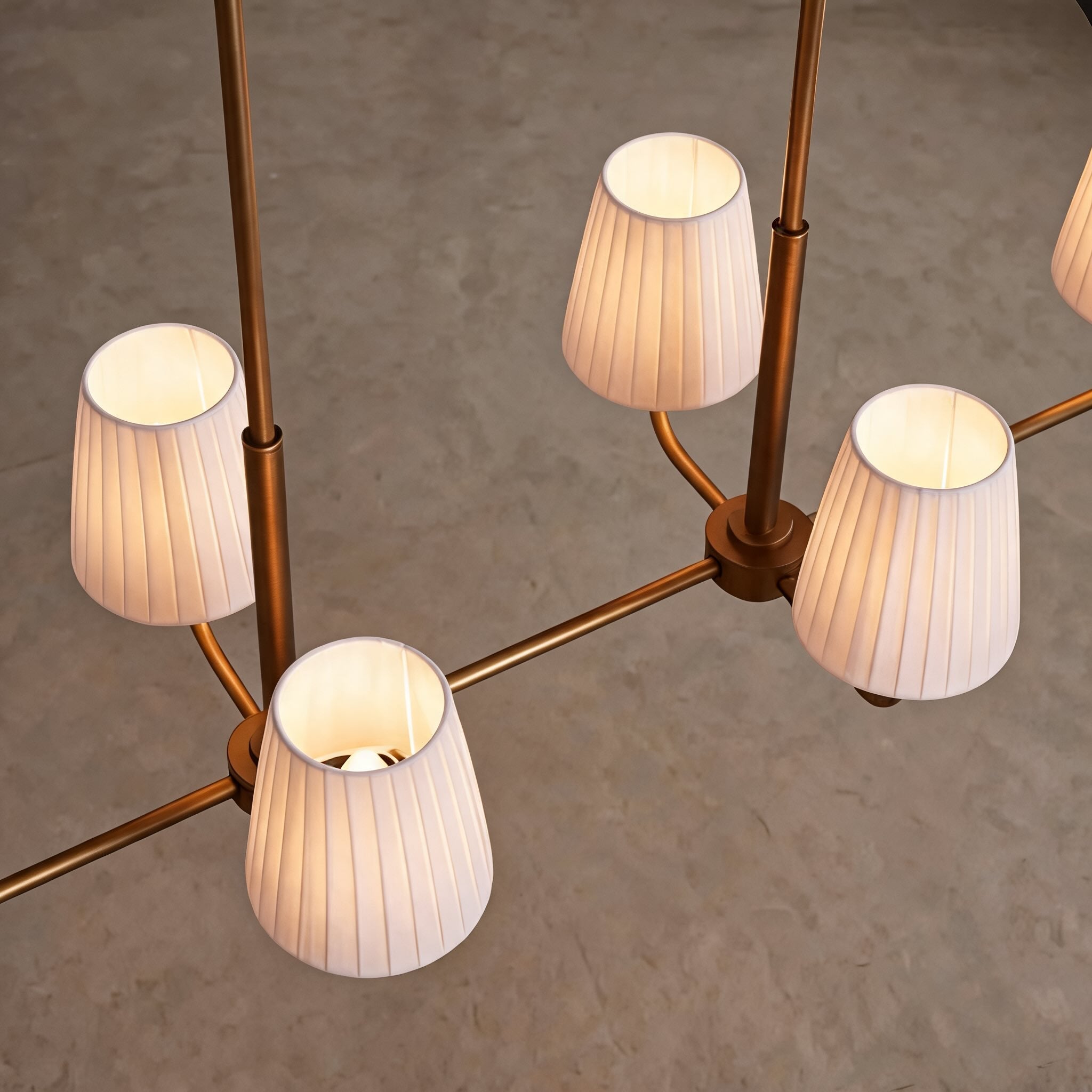 Luxury Brass Linear Chandelier with 6 Pleated Fabric Shades – Modern Adjustable Dining Room & Kitchen Island Pendant Light | ribuella