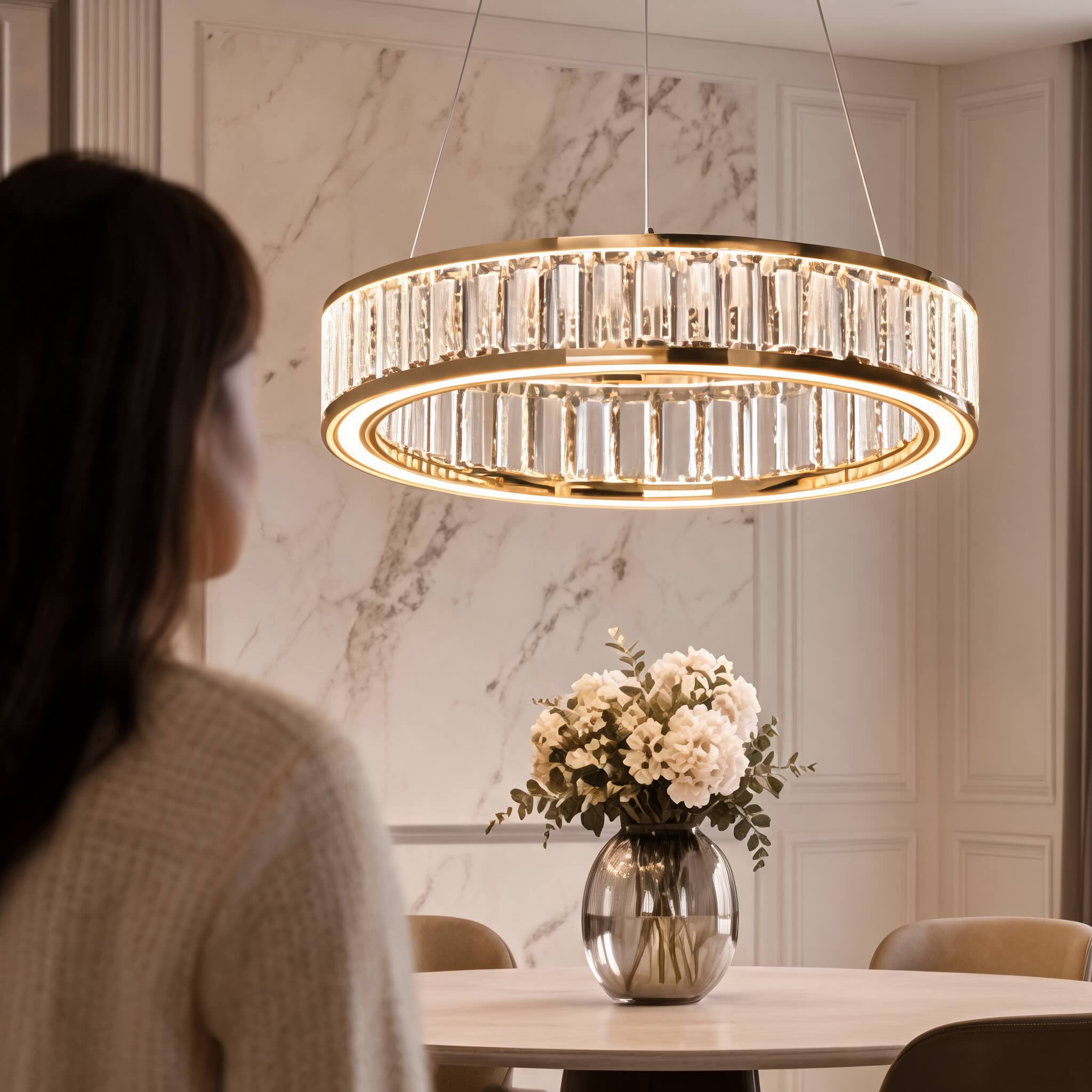 Modern Crystal Chandelier Hanging Light Adjustable LED Gold Aluminum Frame Three-Color Dimming | ribuella