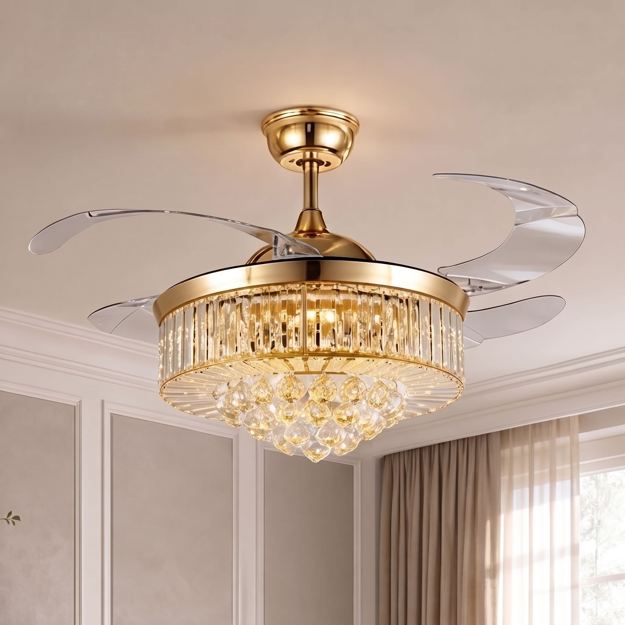 European Ceiling Fan with Lights Flush Mount Crystal Shade Dimmable LED 48W 4 Blades | ribuella