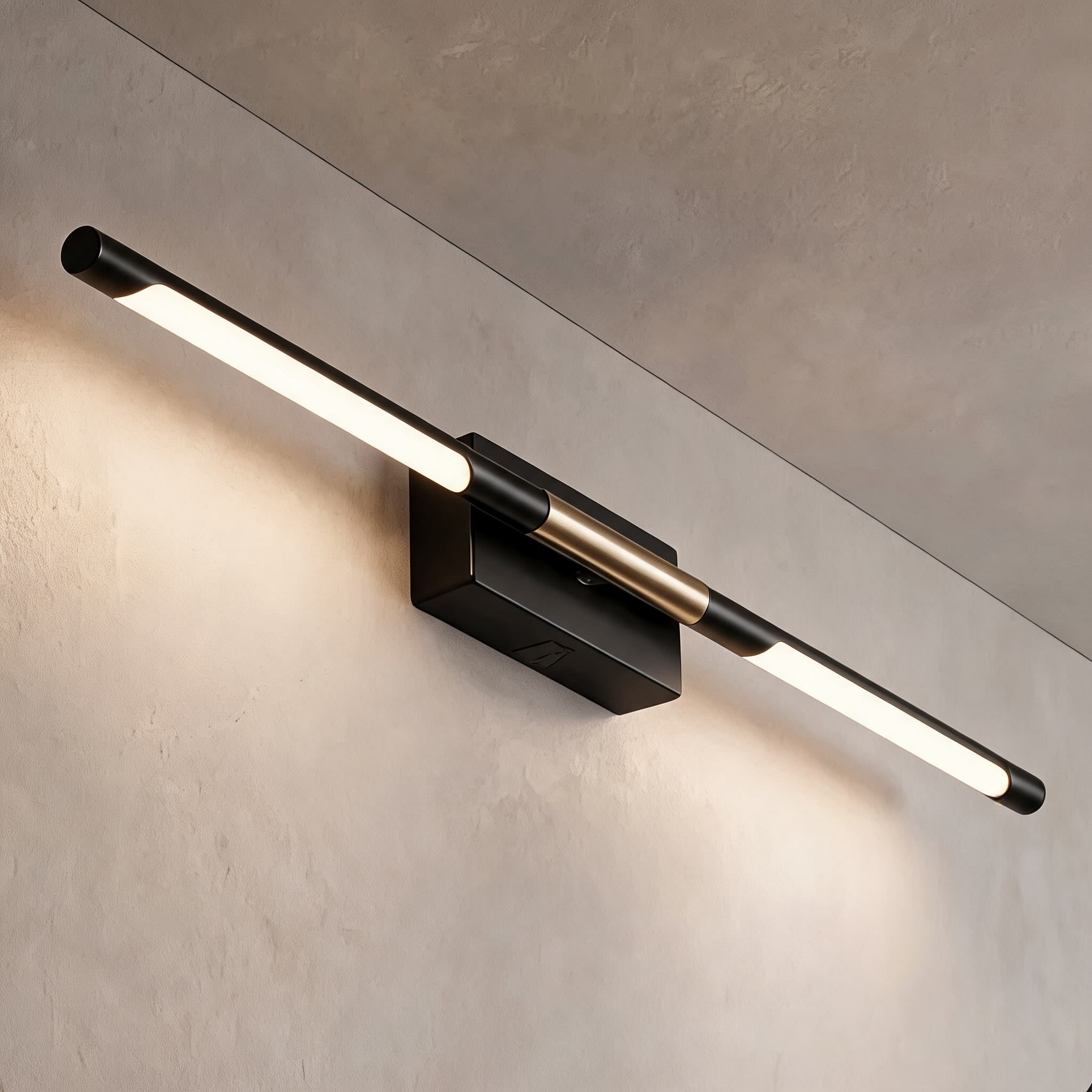 Barre lumineuse moderne pour meuble de salle de bains, fixation murale, structure noire en acrylique avec LED pour un éclairage doux | ribuella